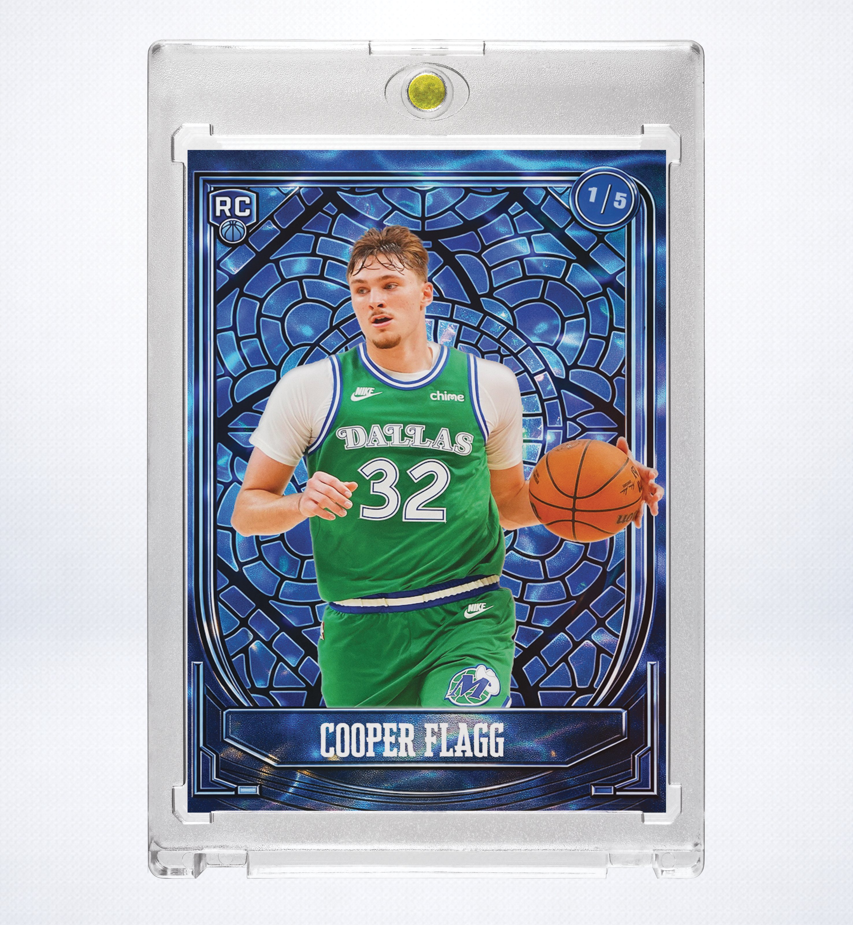 holographic sports cards Cooper Flagg Sapphire Stained Glass Holographic SP 1/5 – Dallas Maveri – 918 Customs Cards