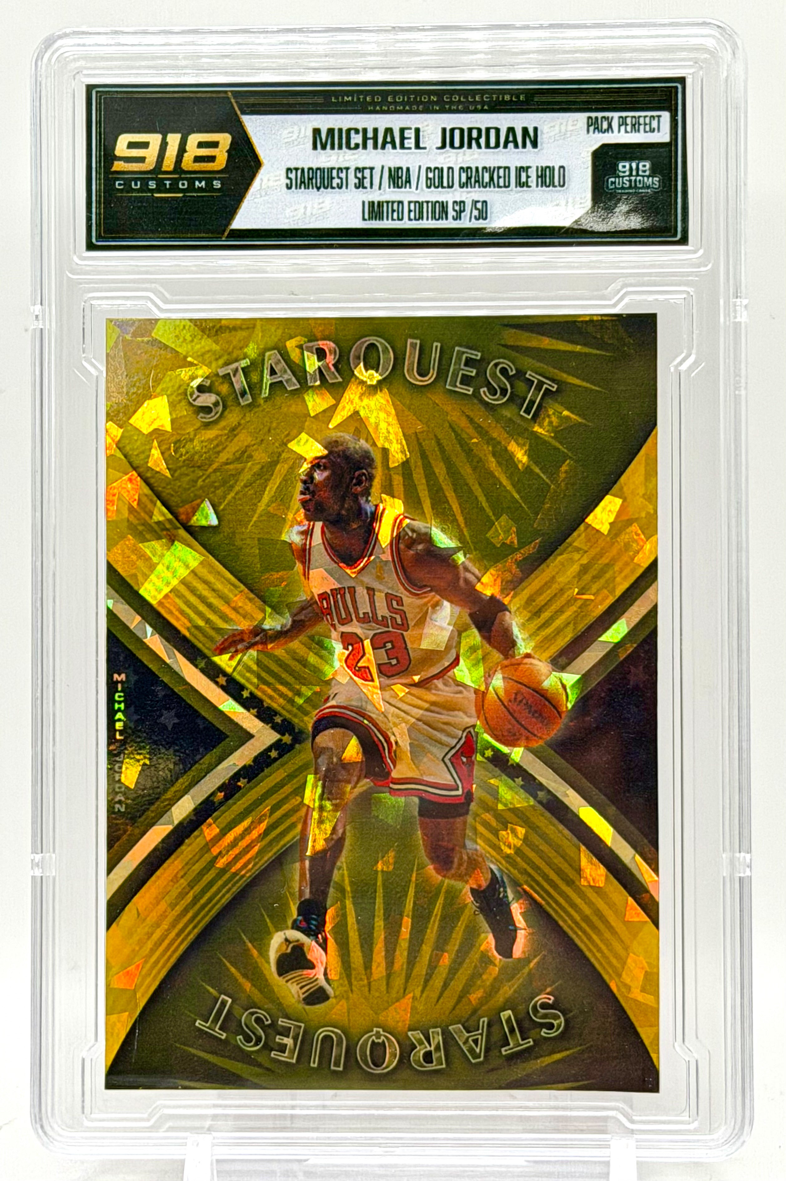 Michael Jordan Gold Cracked Ice Holo SP Card /50 – Hand Numbered Starquest Custom Slab – 918 Customs Limited Edition