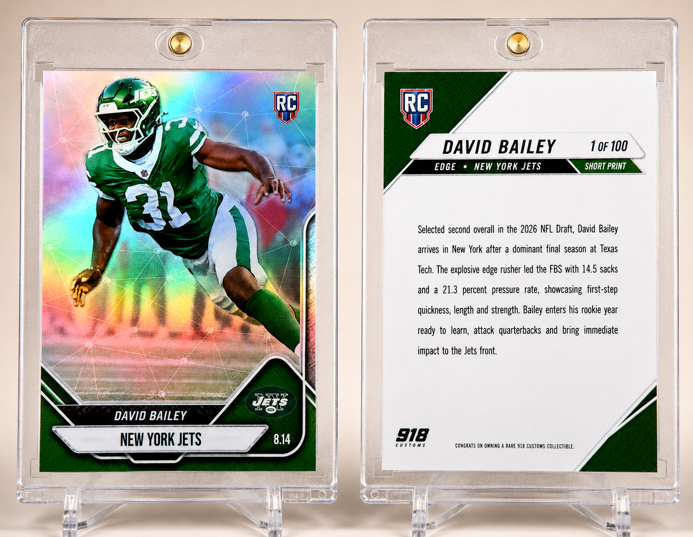 David Bailey New York Jets holographic rookie custom card /100 by 918 Customs