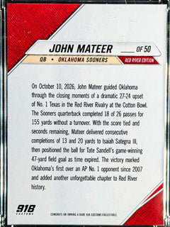 John Mateer Oklahoma Sooners Red River Rivalry Holo Custom Card – Hand-Numbered /50