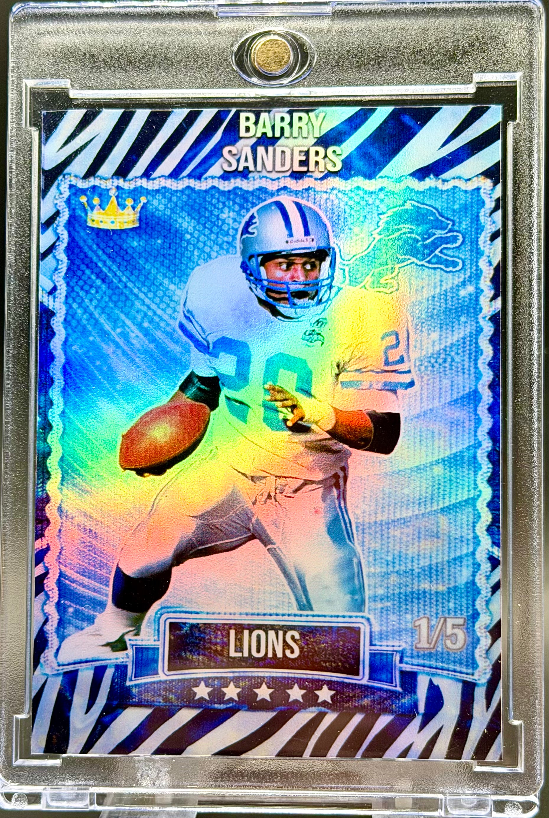 Barry Sanders Zebra Holographic SP 1/5 – Detroit Lions Custom Football Trading Card | 918 Customs