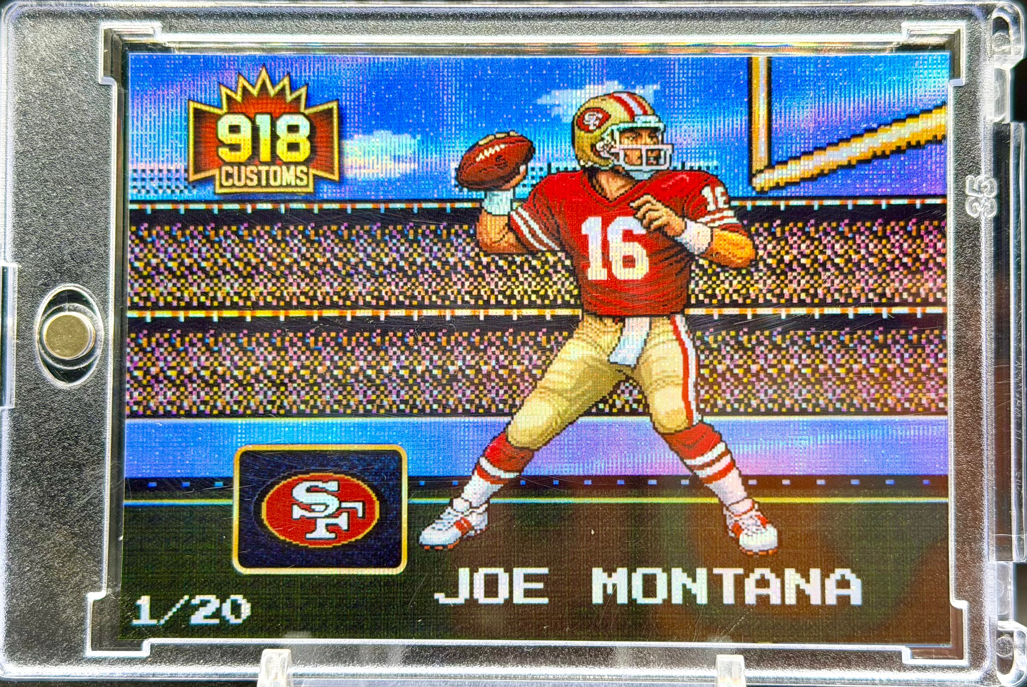 Joe Montana 8-Bit Holographic SP Card – San Francisco 49ers Retro Pixel Art – 1/20 Limited Edition – 918 Customs Premium Collectible