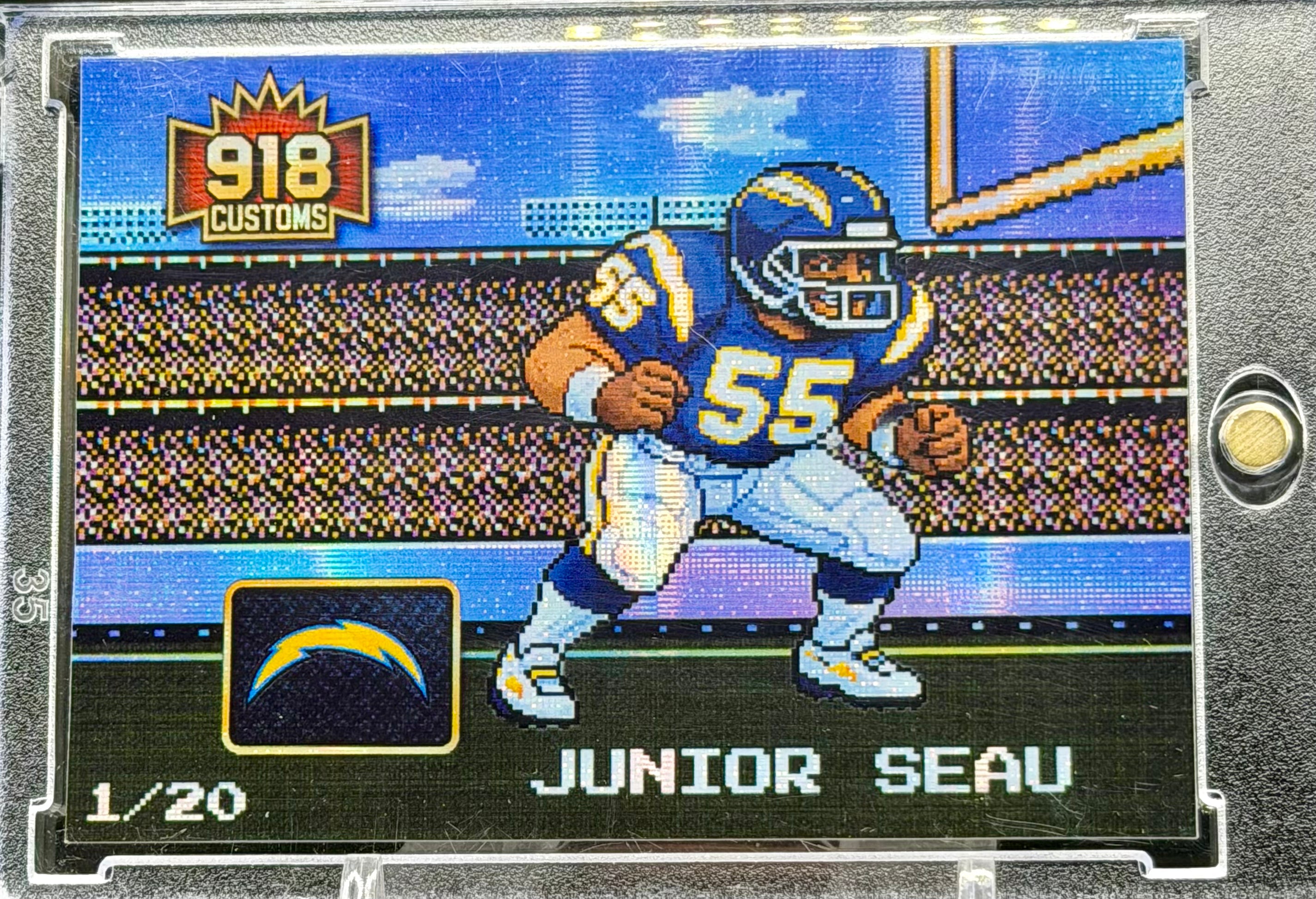 Junior Seau 8-Bit Holographic SP Card – San Diego Chargers Retro Pixel Art – 1/20 Limited Edition – 918 Customs Premium Collectible