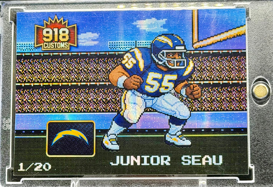 Junior Seau 8-Bit Holographic SP Card – San Diego Chargers Retro Pixel Art – 1/20 Limited Edition – 918 Customs Premium Collectible