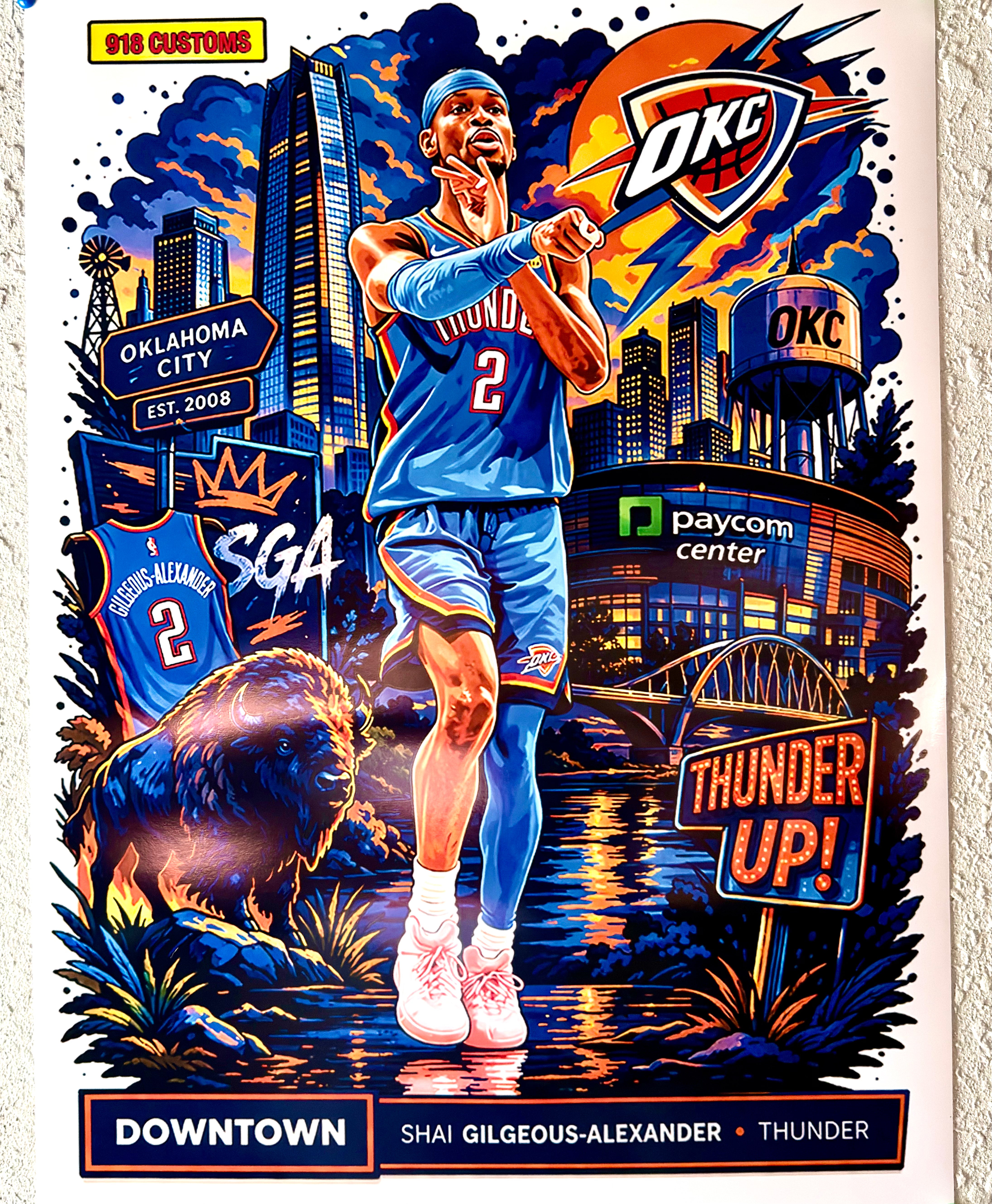 Shai Gilgeous-Alexander OKC Thunder Downtown Style Poster 18x24 | SGA MVP Art Print | Oklahoma City Skyline Basketball Wall Art | 918 Customs
