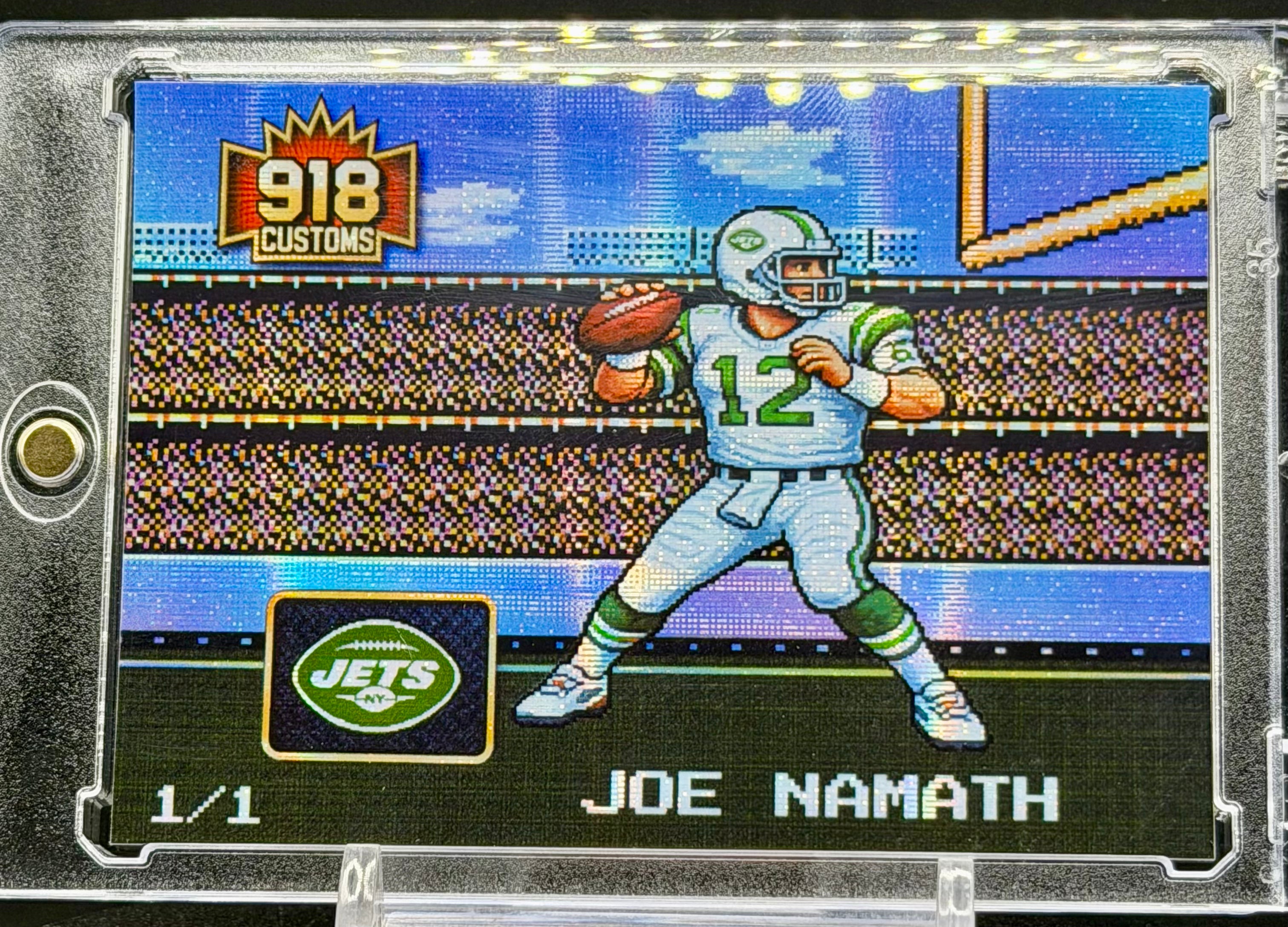 Joe Namath 8-Bit Holographic SP Card – New York Jets Retro Pixel Art – 1/1 Limited Edition – 918 Customs Premium Collectible