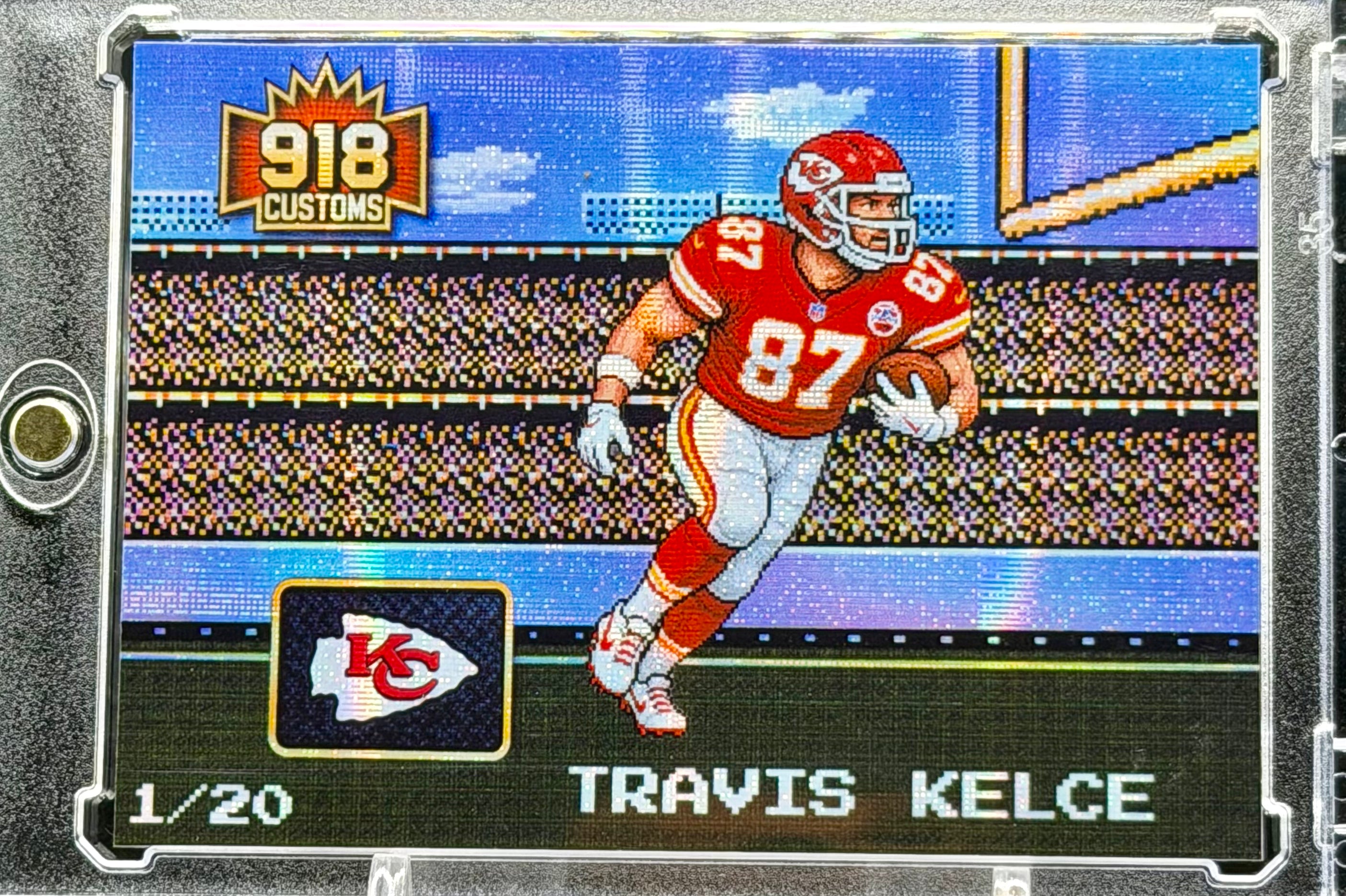 Travis Kelce 8-Bit Holographic SP Card – Kansas City Chiefs Retro Pixel Art – 1/20 Limited Edition – 918 Customs Premium Collectible