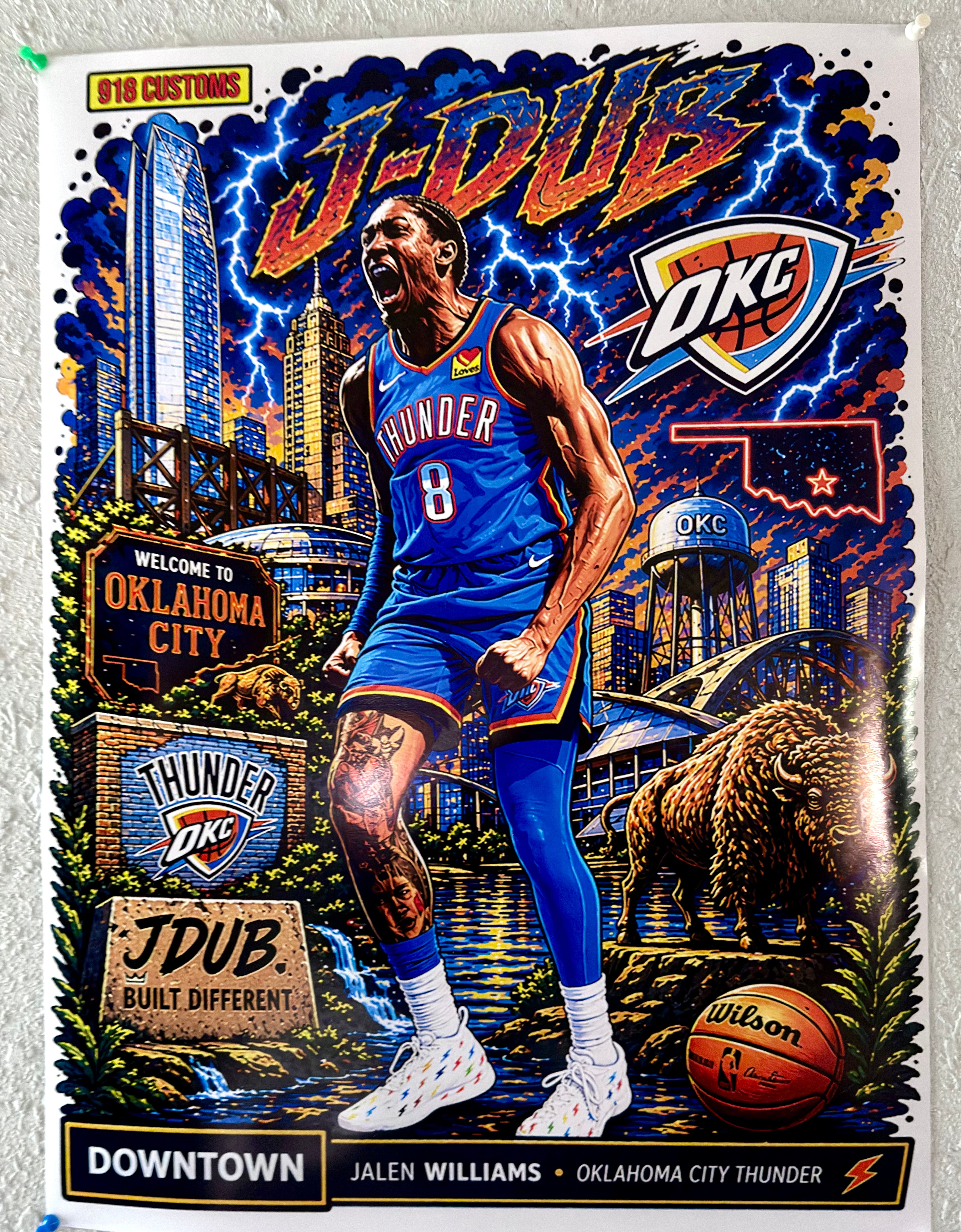 Jalen Williams OKC Thunder Downtown Style Poster 18x24 – 918 Customs Limited Edition Holographic Art Print NBA Wall Decor