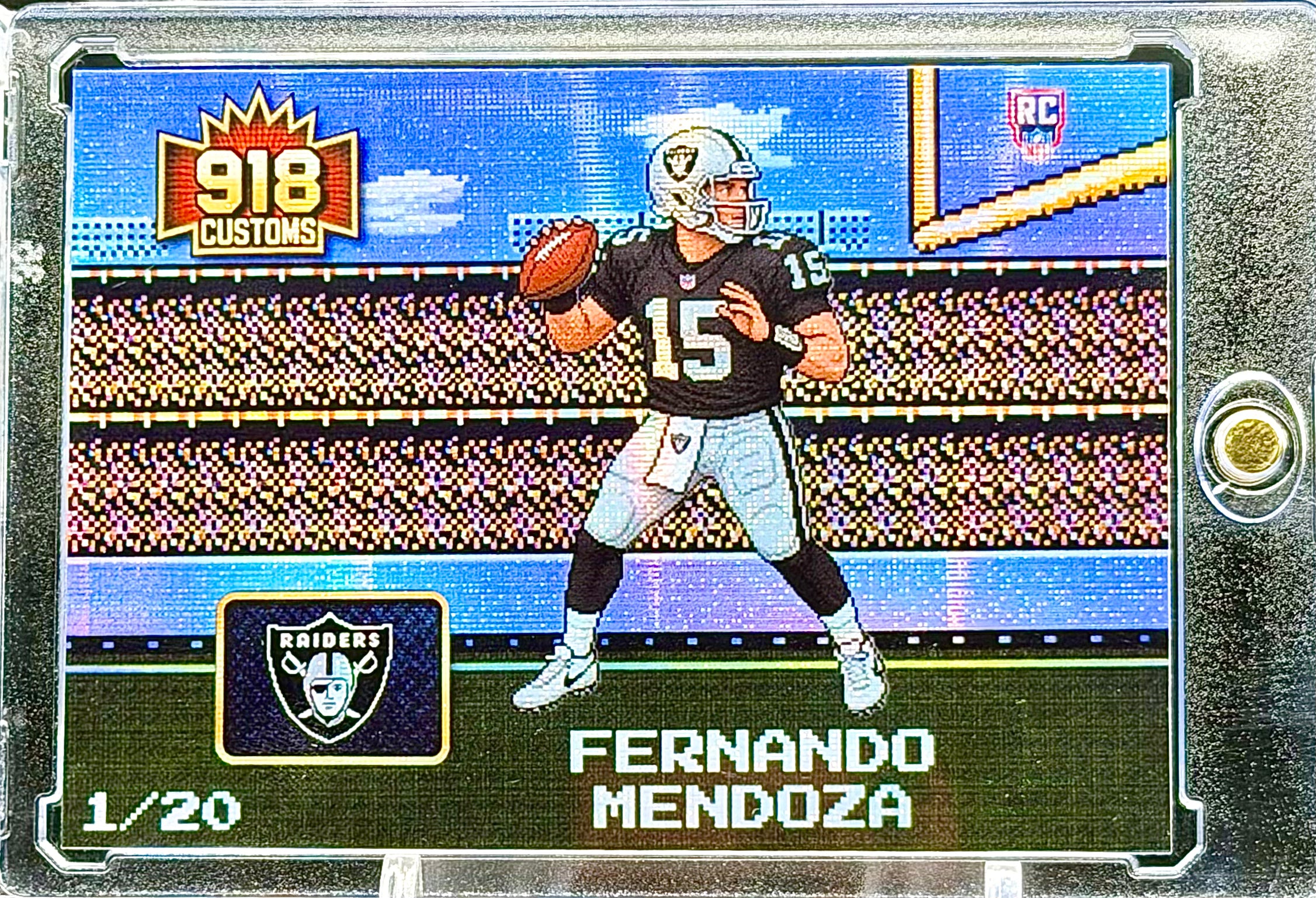 Fernando Mendoza 8-Bit Holographic Rookie SP Card – Las Vegas Raiders Retro Pixel Art – 1/20 Limited Edition – 918 Customs Premium Collectible