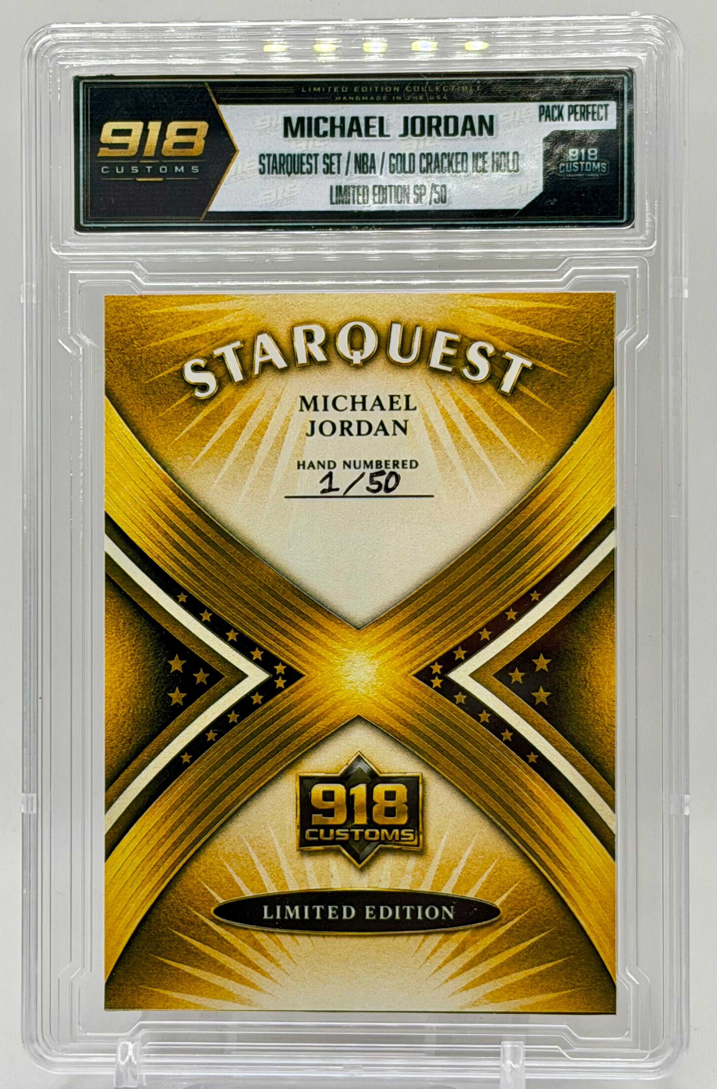 Michael Jordan Gold Cracked Ice Holo SP Card /50 – Hand Numbered Starquest Custom Slab – 918 Customs Limited Edition